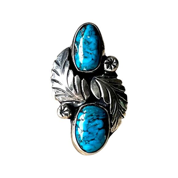Vintage sterling silver two stone turquoise Native American ring size 5 - Picture 1 of 7